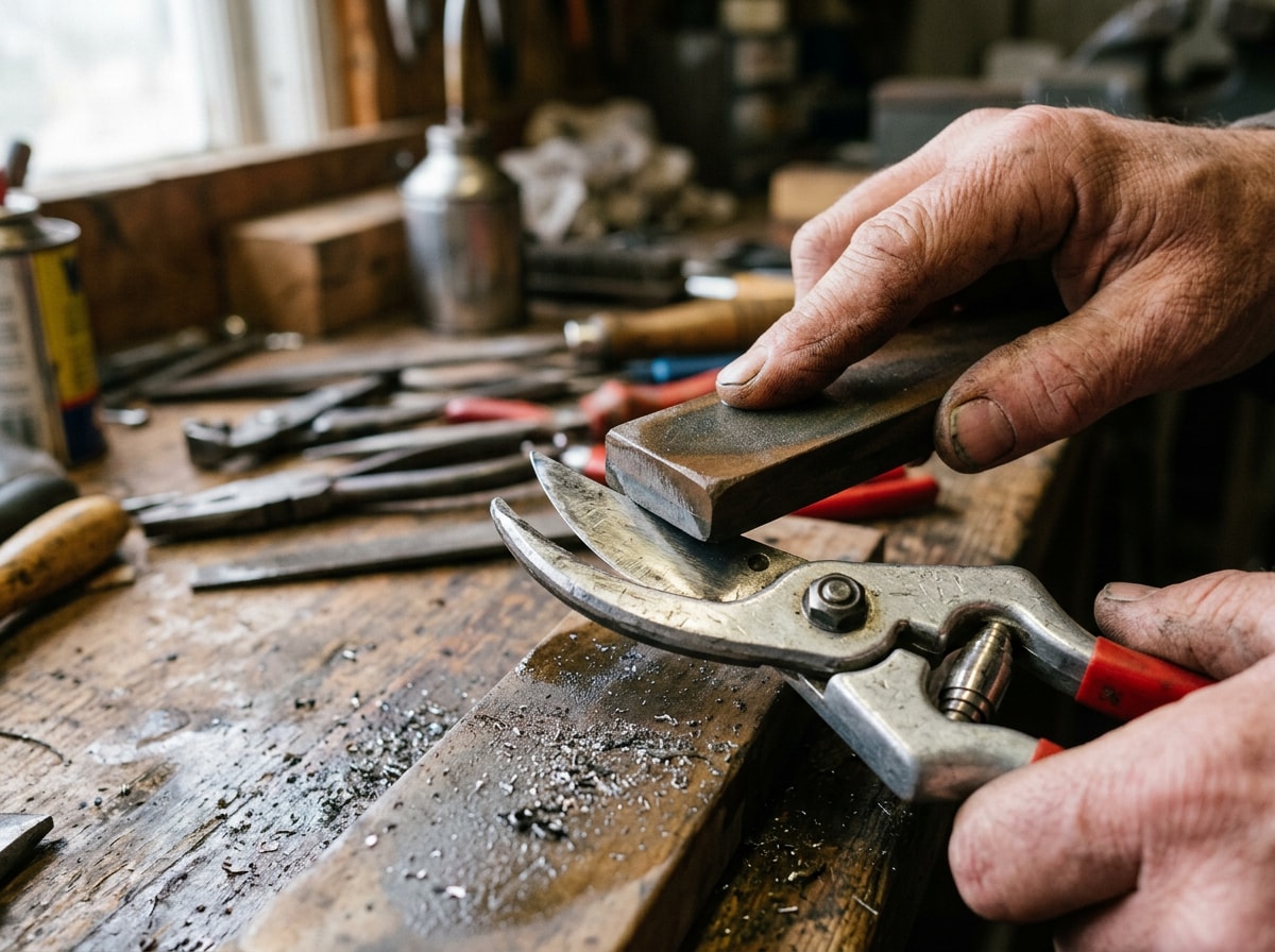 Close-up of a hand sharpening a pruning shear blade with a sharpening stone
