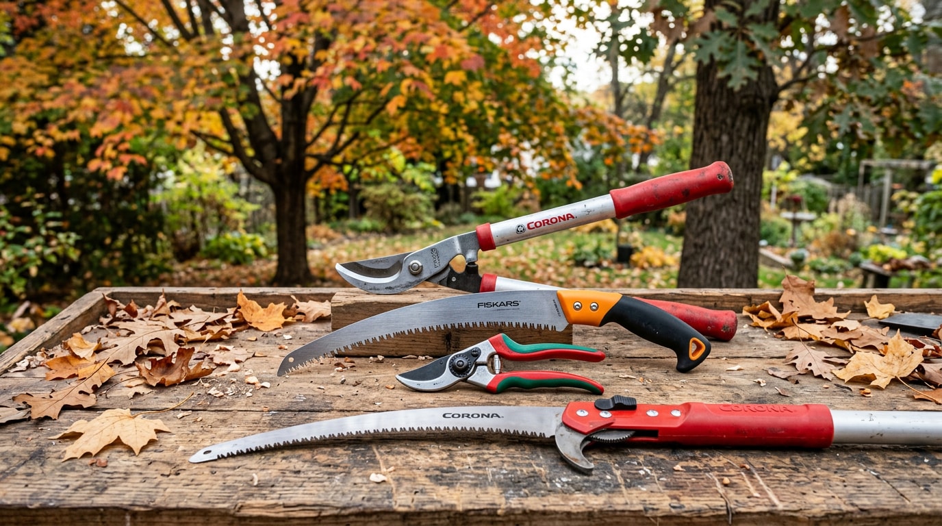 Set of tree trimming tools including pruners, loppers, and a pole saw arranged on a workbench Set of tree trimming tools including pruners, loppers, and a pole saw arranged on a workbench