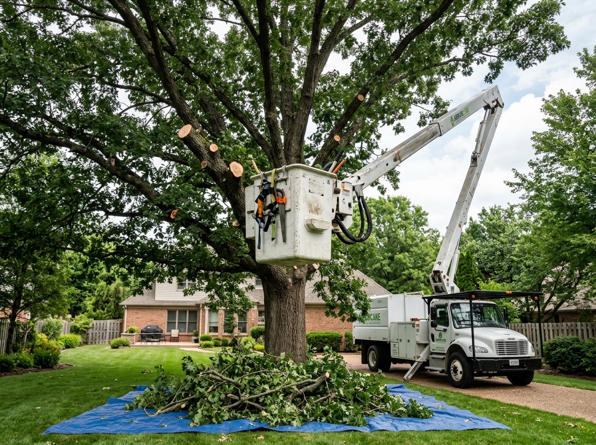 Bucket truck crew trimming a mature oak tree on an Orchard Park, NY property