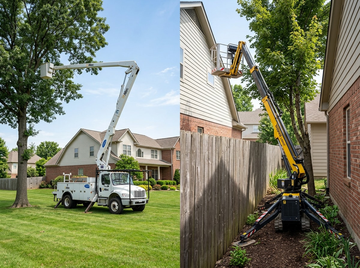 Comparison of a full-size bucket truck and a compact spider lift working a narrow Orchard Park side yard