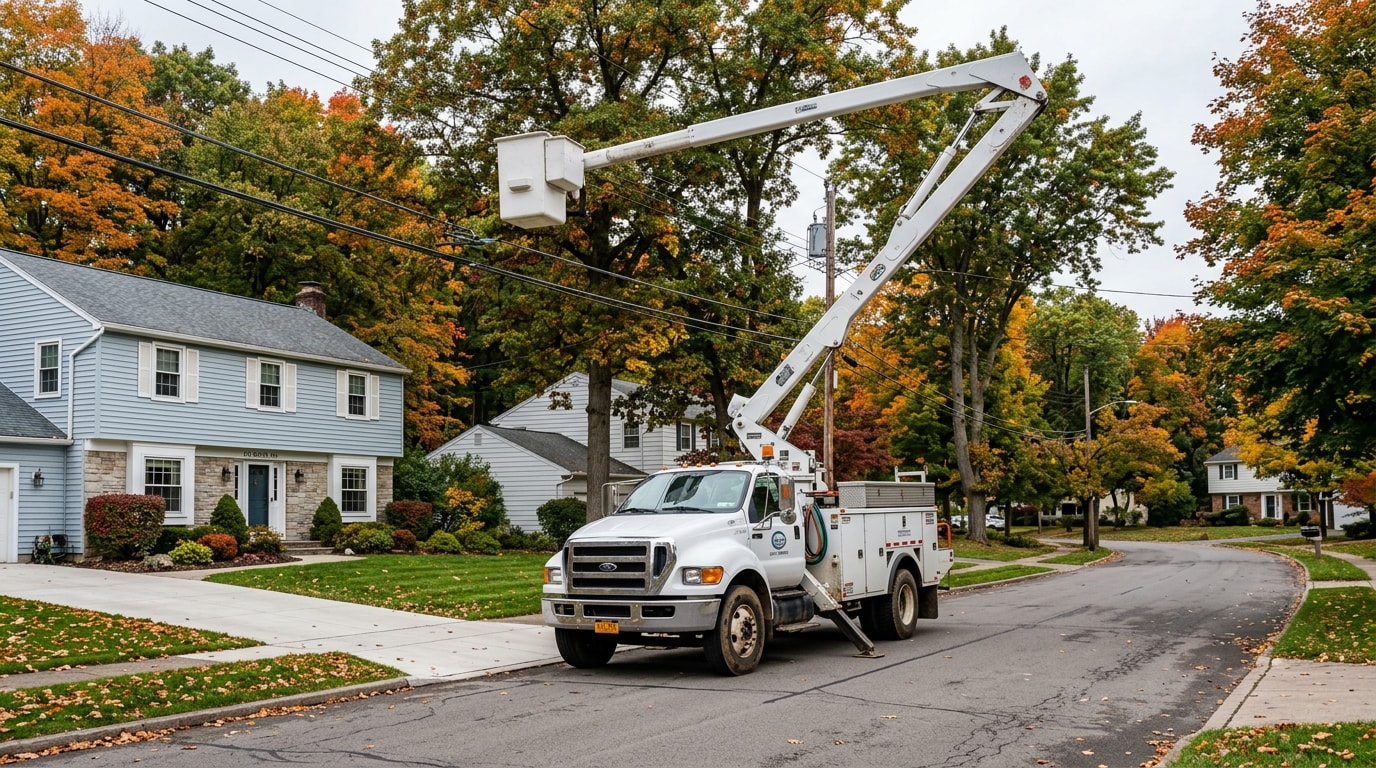 Bucket truck with extended boom parked near mature trees on an Orchard Park, NY residential street