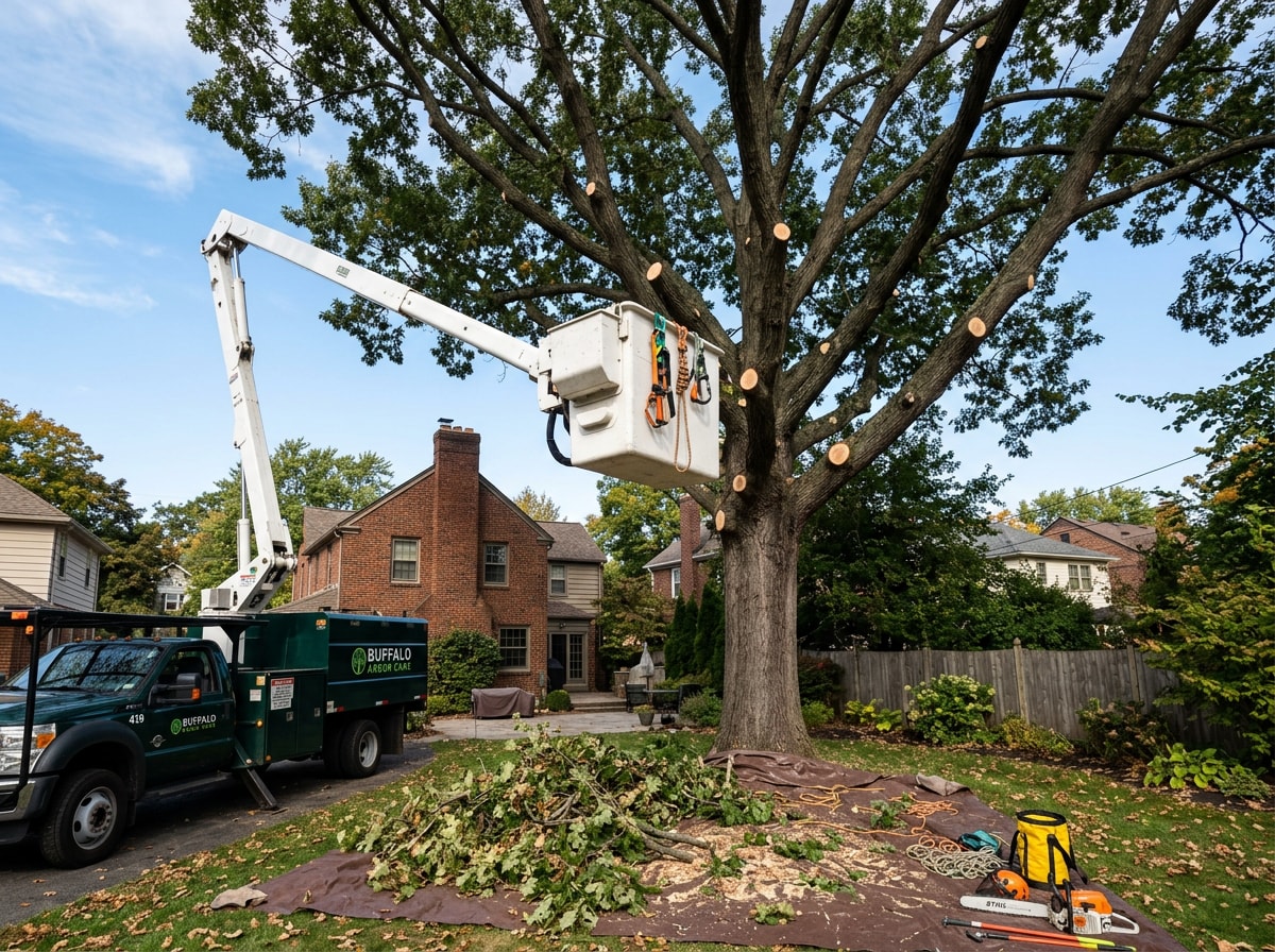 Tree surgeon in bucket truck pruning a tall oak in a Buffalo, NY residential yard