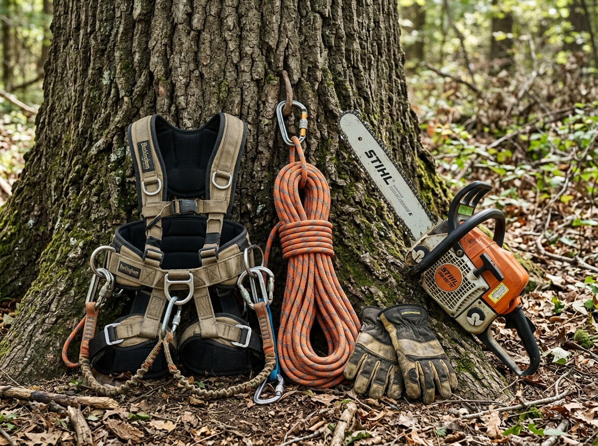 Close-up of a tree surgeon's climbing harness, rope, and chainsaw safety gear resting against a tree trunk