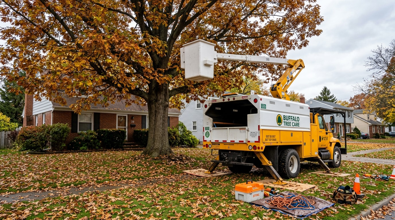 Bucket truck and tree care equipment set up beside a large oak tree in a Buffalo, NY yard