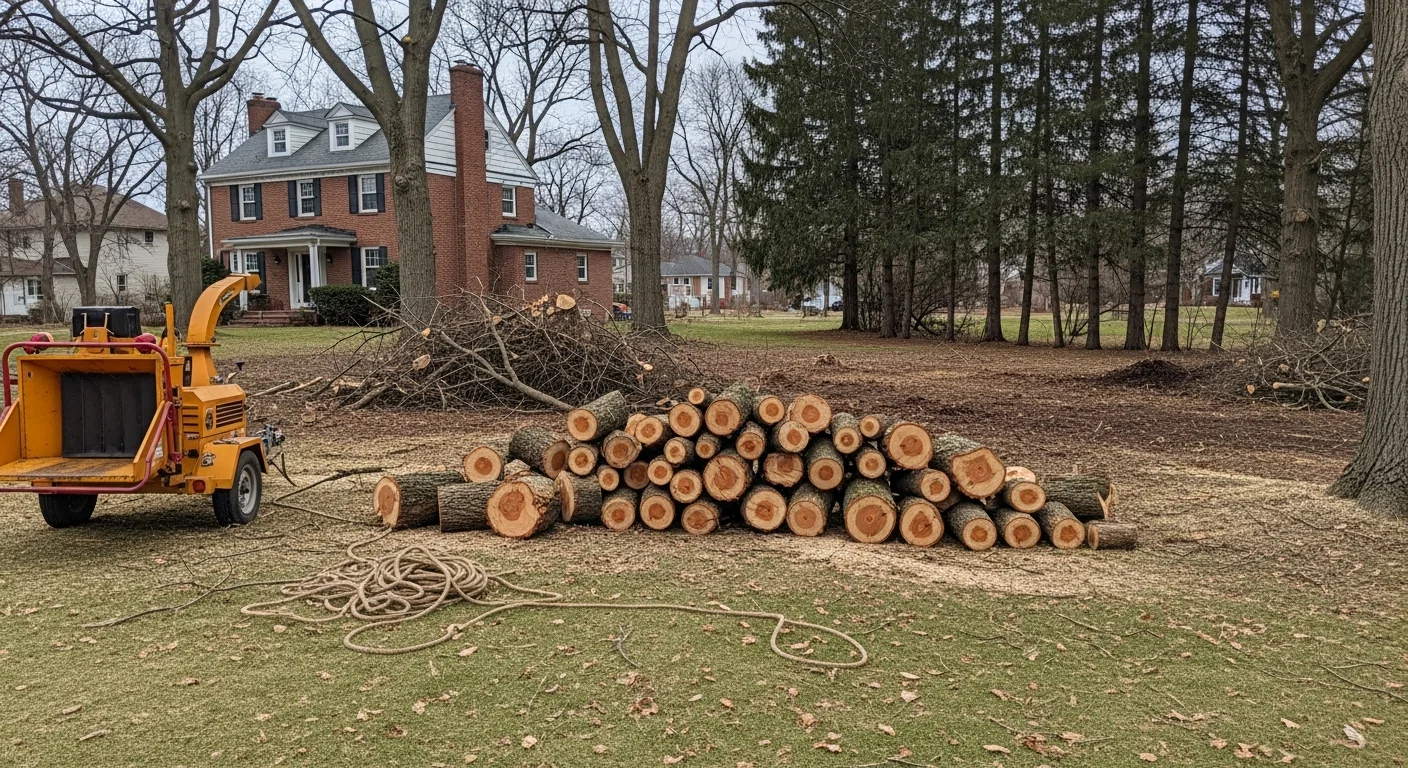 Professional arborist removing a large tree with safety equipment