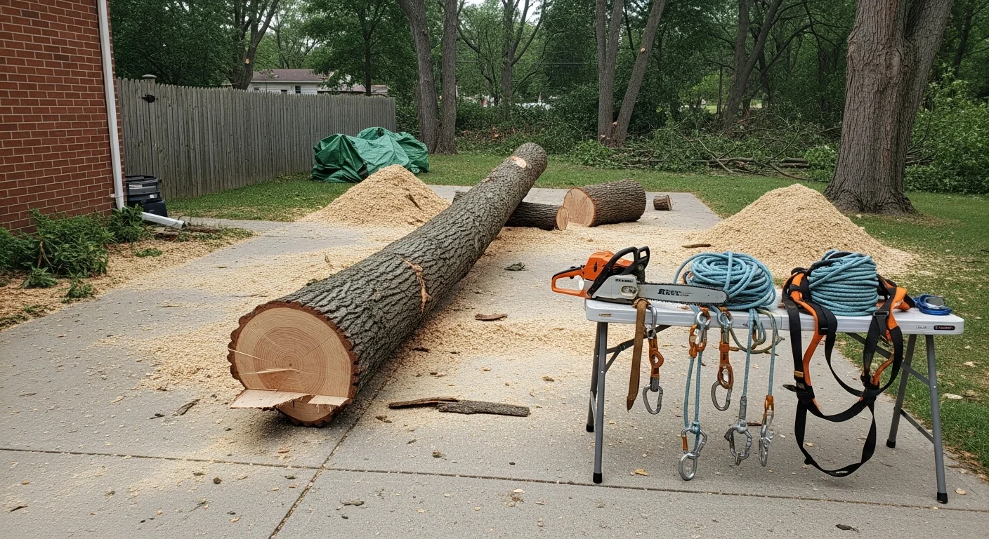 A large storm-damaged tree being removed in sections from a residential property in Clarence, New York. A crew member uses rigging lines to lower a trunk section away from the home's roofline.