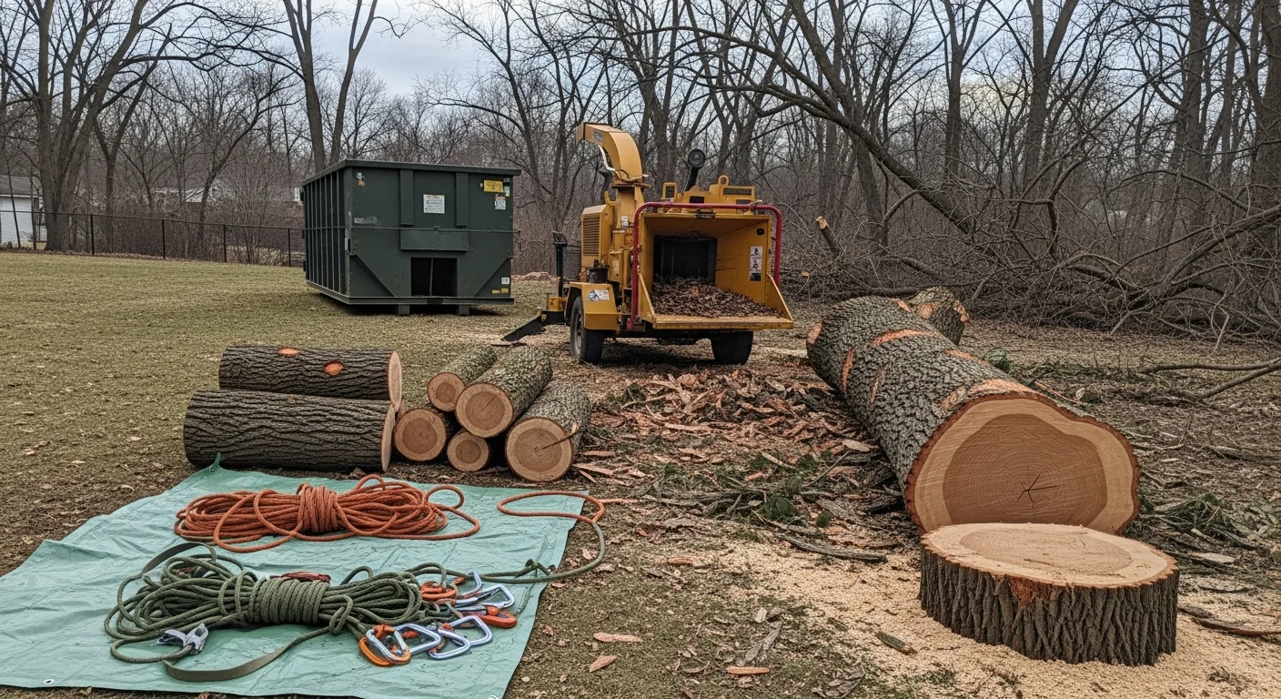 A large dead oak tree being removed in sections by a tree crew in a Clarence, NY residential backyard. The tree stands close to a home's roofline, with rigging lines visible controlling the descent of cut sections.