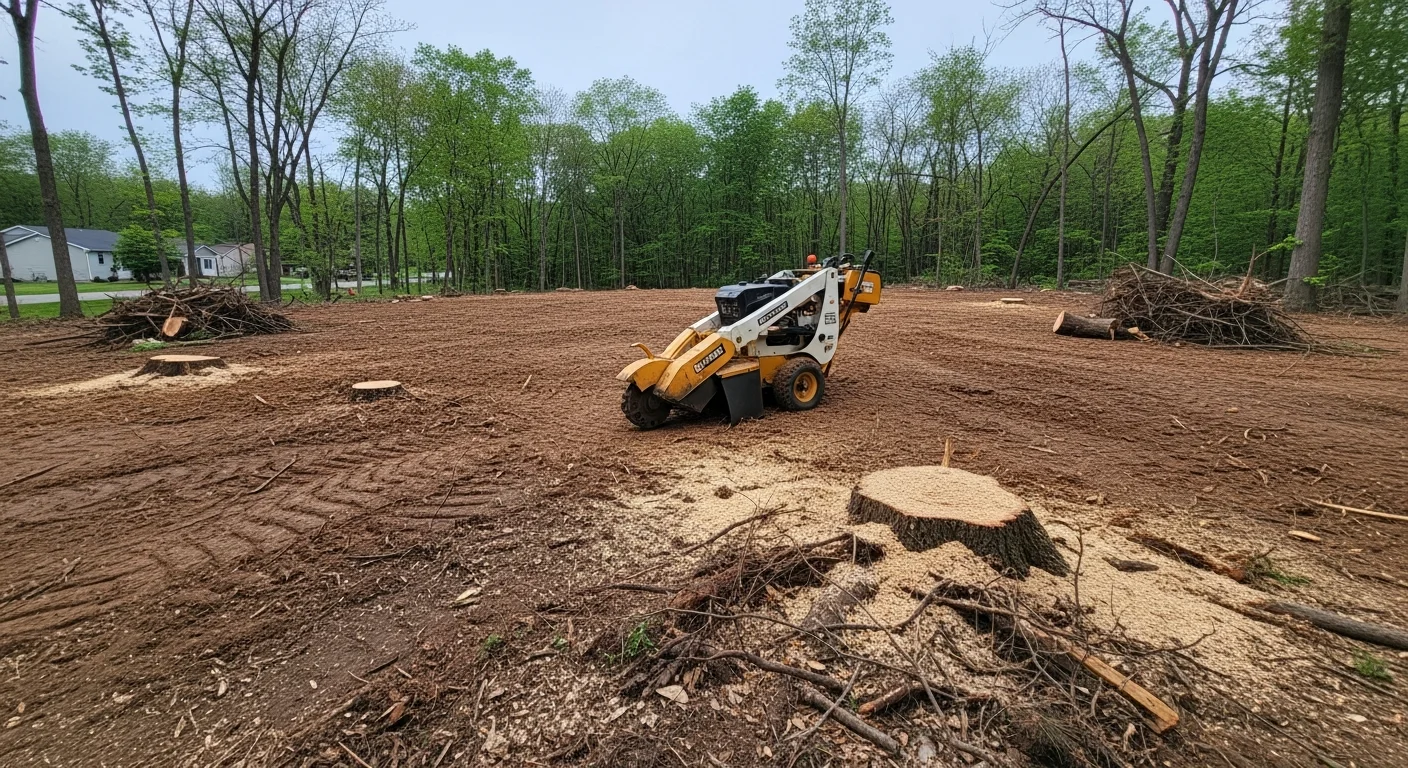 A cleared residential lot in Clarence, NY with stumps removed, brush hauled away, and bare ground leveled and ready for construction. A 1776 Tree Service crew and equipment are visible at the edge of the cleared site.