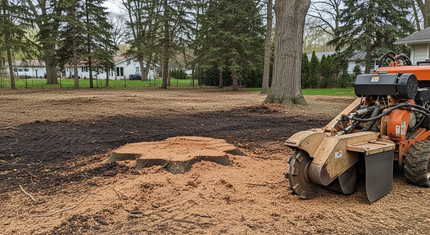 A large tree stump freshly ground below grade in a residential yard in Clarence, NY, with wood chip debris visible around the leveled area. The surrounding lawn and nearby structures remain undisturbed after stump removal.