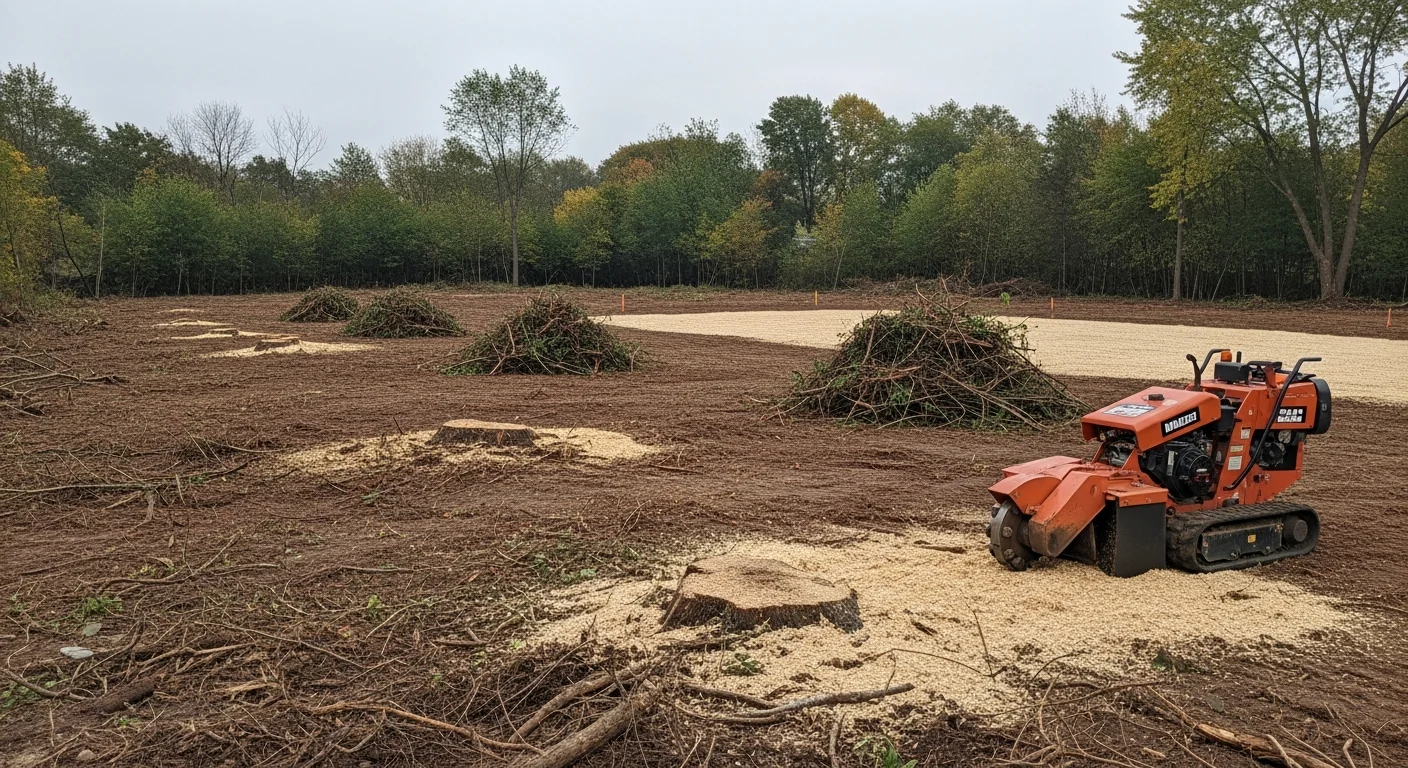 A cleared residential lot in Clarence, NY with stumps ground down and brush removed, showing bare soil and open land ready for construction. Trees along the rear property line remain standing while the cleared area extends to the front boundary.