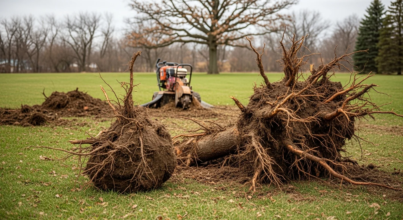 A Clarence, NY residential backyard showing a cleared ground area after professional root removal, with soil leveled and surrounding lawn intact. The root mass from a large hardwood tree has been fully extracted, leaving a clean, open surface ready for replanting or construction.