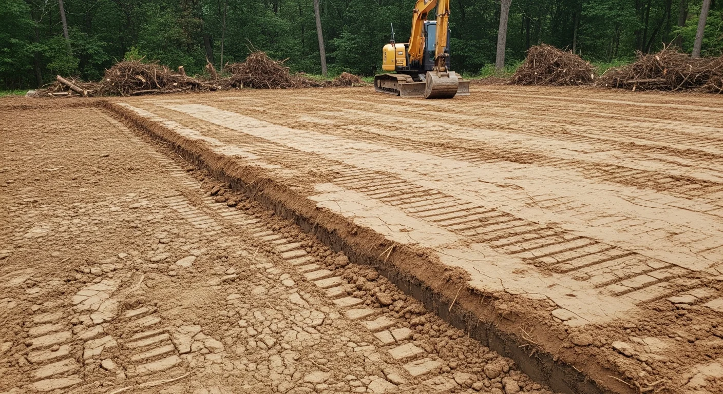 A cleared and graded residential lot in Clarence, NY with topsoil leveled and all trees, stumps, and brush removed in preparation for new home construction. Heavy equipment tracks are visible across the smoothed earth, showing recent grading work on a Western New York property.