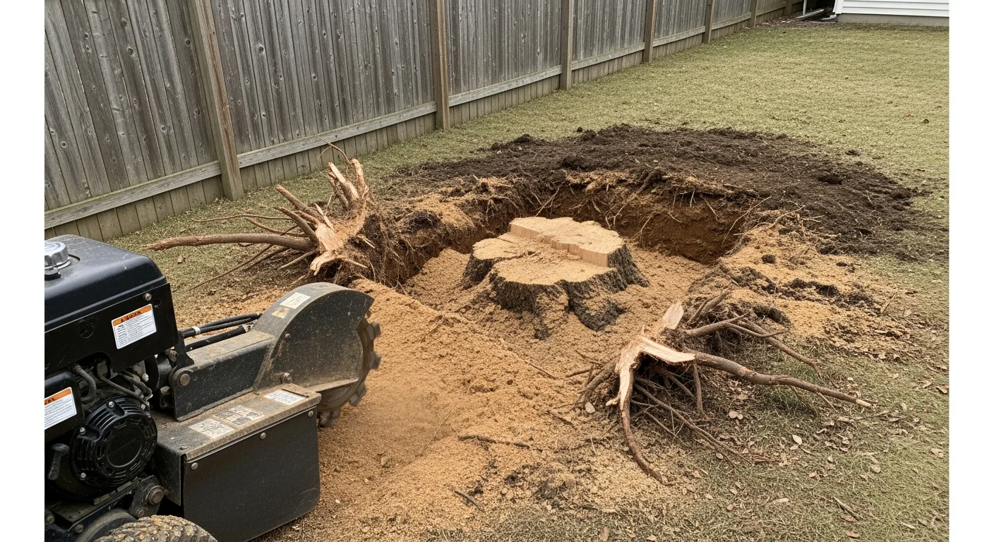 A freshly extracted tree stump site in a Clarence, NY residential backyard, showing cleared ground and wood chip debris ready for cleanup. The surrounding lawn and fence line of a single-family home are visible in the background.
