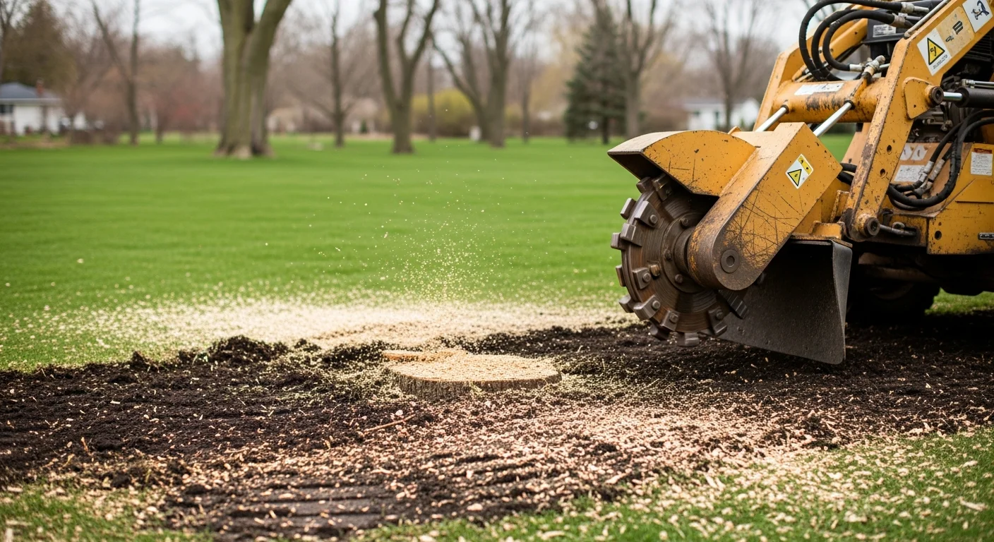 A freshly ground tree stump in a residential Clarence, NY backyard, with wood chips spread across the leveled soil where the stump once stood. The surrounding lawn and garden bed remain undisturbed after the stump grinding work by 1776 Tree Service.