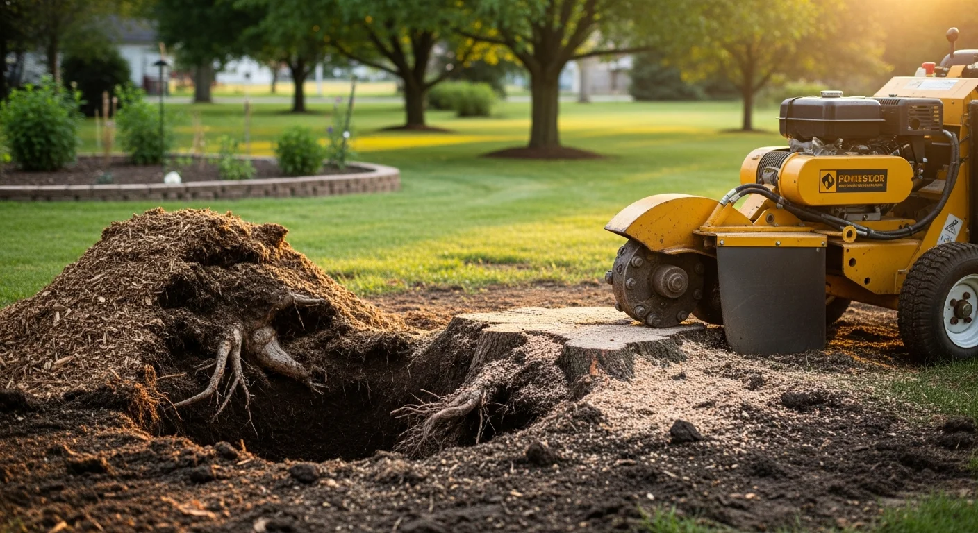 A freshly ground tree stump on a residential lawn in Clarence, NY, with wood chips scattered around the ground-level cavity. The surrounding grass and garden bed remain undisturbed after stump removal service by 1776 Tree Service.