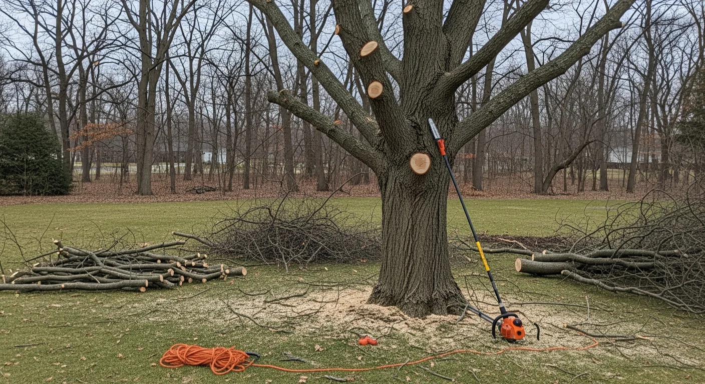 A mature oak tree on a Clarence, NY residential property with cleanly pruned branches and an open, balanced canopy. A 1776 Tree Service crew member works from an elevated position to remove a dead limb near the roofline of a suburban home.