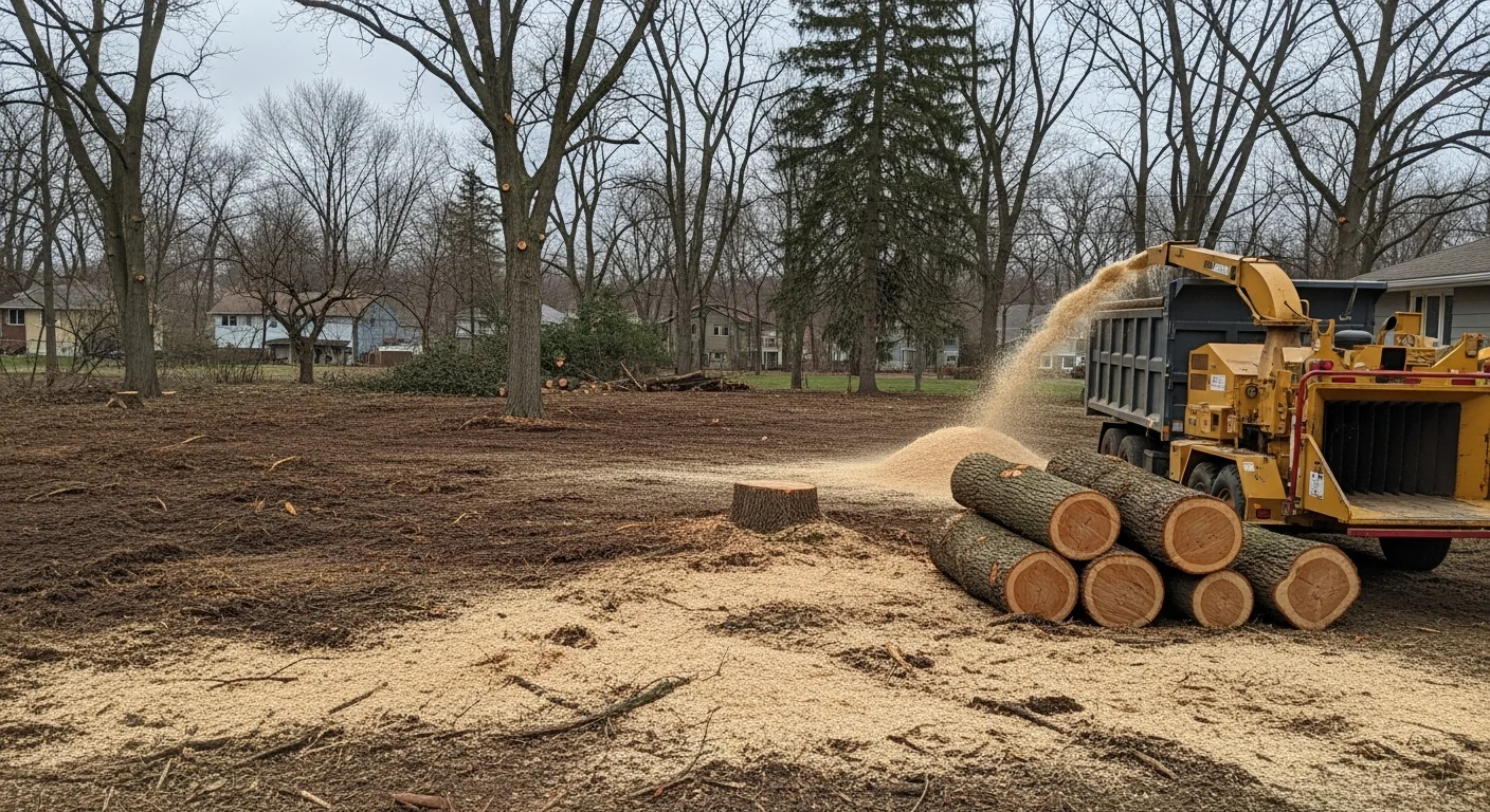 A large mature oak tree being removed in sections by a crew on a residential lot in Clarence, NY, with rigging lines controlling the descent of cut limbs near a single-family home. The yard is clear of debris after the removal is complete.
