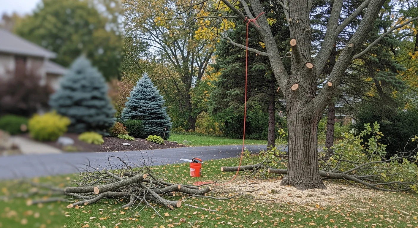 A crew from 1776 Tree Service trimming the upper canopy of a large mature oak on a residential lot in Clarence, NY. Freshly cut branches are visible on the ground, with a cleared driveway and home in the background.