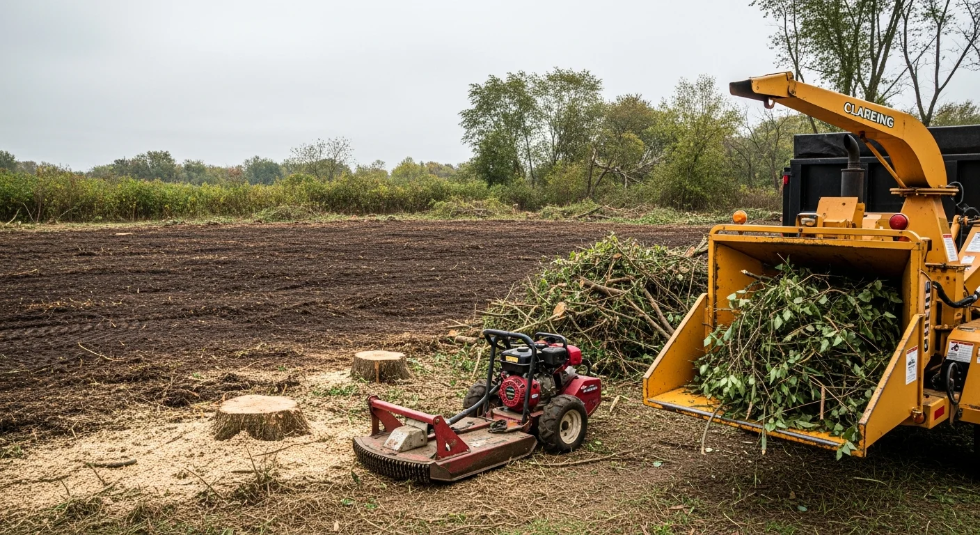 A cleared residential lot in Clarence, NY after professional vegetation removal, showing bare ground and defined property edges where dense brush and overgrown shrubs once stood. A 1776 Tree Service crew works in the background loading debris for haul-away.